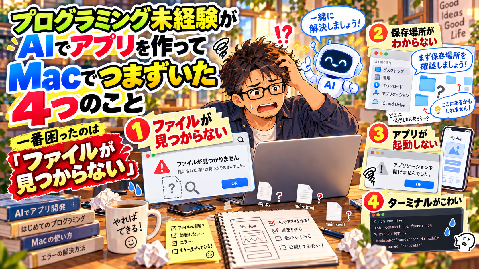 眼鏡をかけた40代のおじさんが、Macのノートパソコンの前で頭を抱えて困っている。画面内には「ファイルが見つかりません」という警告、保存場所がわからない、アプリが起動しない、ターミナルがこわい、という4つのつまずきが描かれており、特に「ファイルが見つからない」が大きく強調されている。