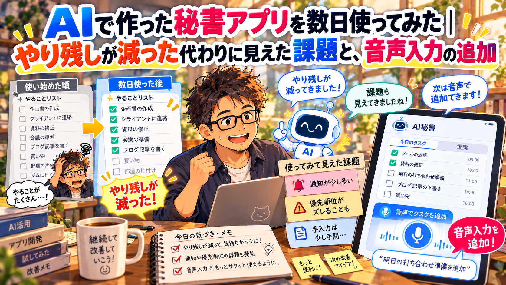 AIで作った秘書アプリを数日間使った結果を紹介するブログのアイキャッチ画像。眼鏡をかけた40代のおじさんが、やり残したタスクが減ったことを喜んでいる。左側には使用前後のタスク一覧、右側には新たに見つかった通知や優先順位の課題と、音声入力機能を追加したAI秘書アプリの画面が描かれている。