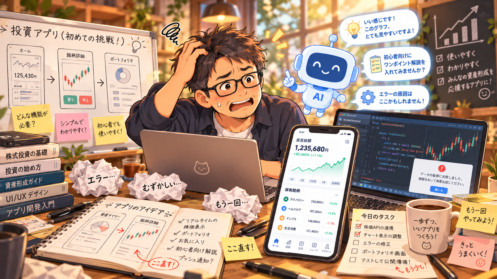 投資アプリ作りに奮闘する平凡おじさんのイラスト